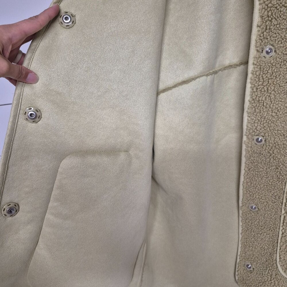 Zara Beige Faux Shearling Snap-Button Coat With Front Pockets - Picture 5 of 8